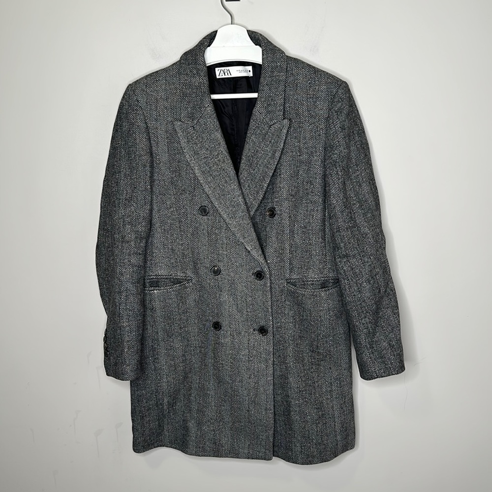 Zara Grey Black Herringbone Double Breasted Pea Coat Jacket